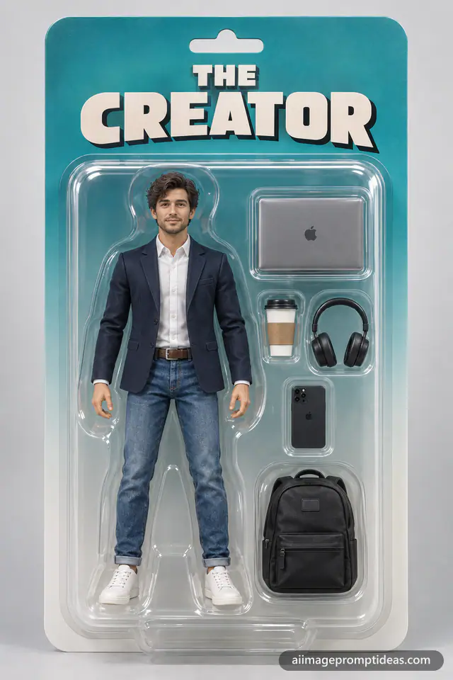 Collectible action figure of a man in a blazer inside a blister pack with tiny laptop, coffee and headphones accessories, AI generated
