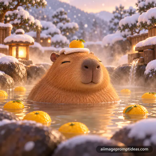 3D cartoon capybara with a yuzu on its head soaking in a hot spring, AI generated