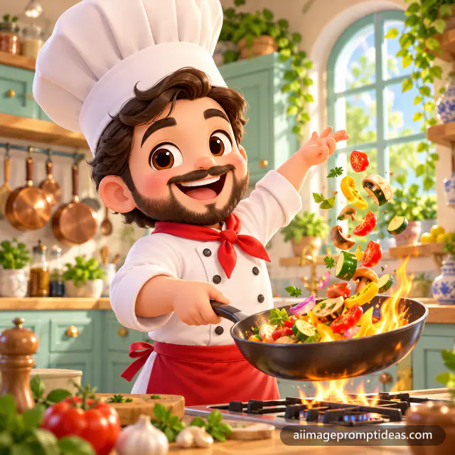 Cute 3D chibi chef tossing vegetables in a flaming pan in a pastel kitchen, AI generated
