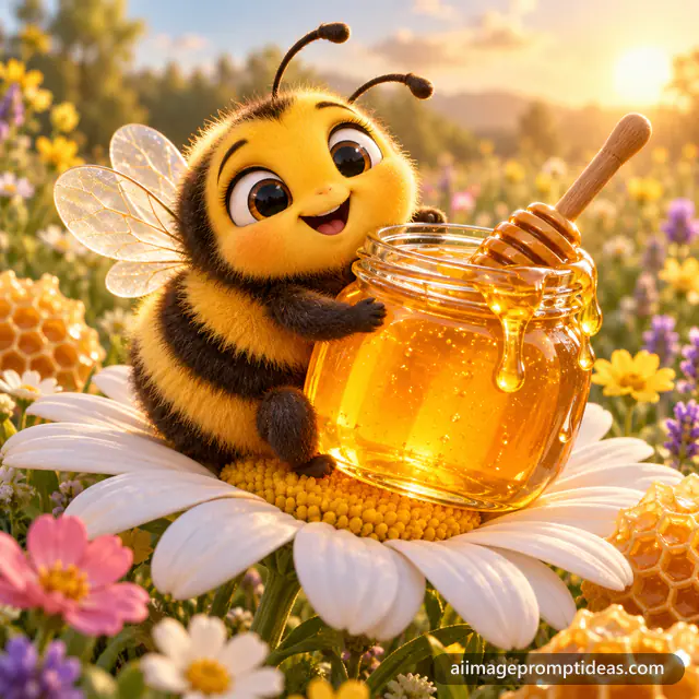 Cute 3D fuzzy bee hugging a glowing honey jar on a daisy among flowers, AI generated