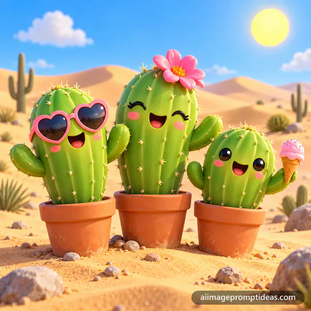 Three cute 3D cactus characters in pots with sunglasses and a flower in a sunny desert, AI generated