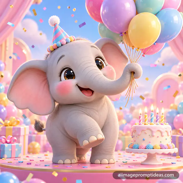 Cute 3D baby elephant in a party hat holding colorful balloons with a birthday cake, AI generated