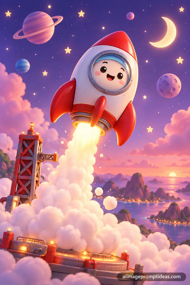 Cute 3D smiling red and white rocket blasting off with fluffy smoke into a pastel sky, AI generated