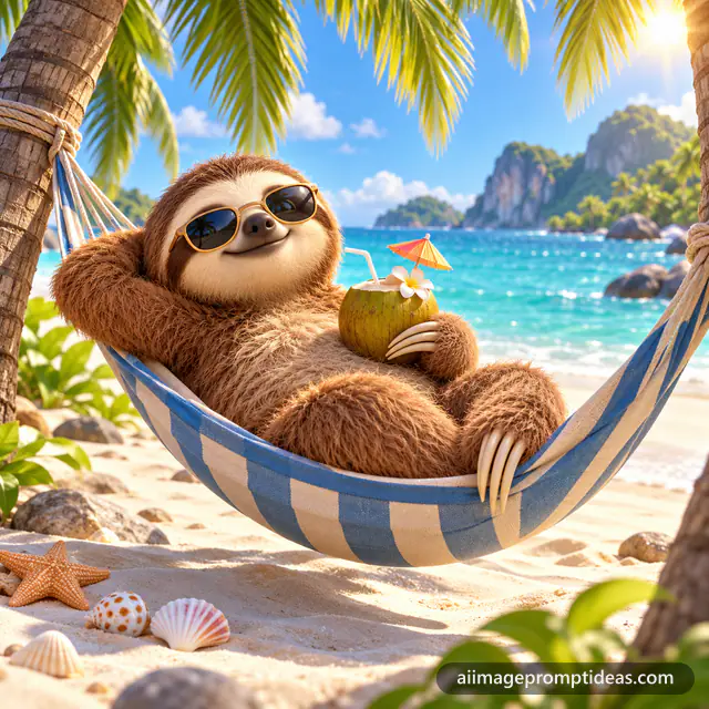 Cute 3D sloth in sunglasses relaxing in a hammock between palm trees with a coconut drink, AI generated