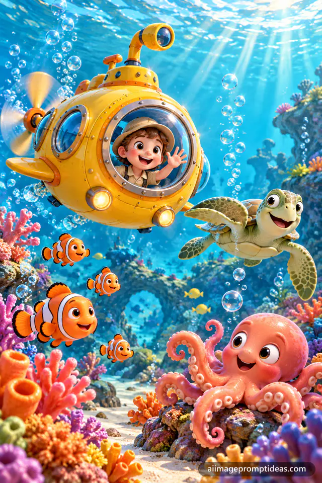 3D cartoon yellow submarine exploring a colorful coral reef, AI generated