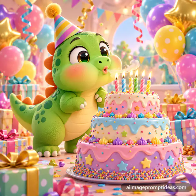 Cute 3D green dinosaur blowing out birthday cake candles, AI generated
