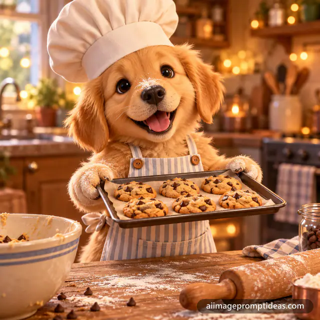 Cute 3D puppy in a chef hat holding a tray of chocolate chip cookies in a cozy kitchen, AI generated