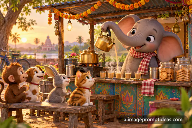 Cute 3D baby elephant pouring chai at a colorful Indian tea stall, AI generated