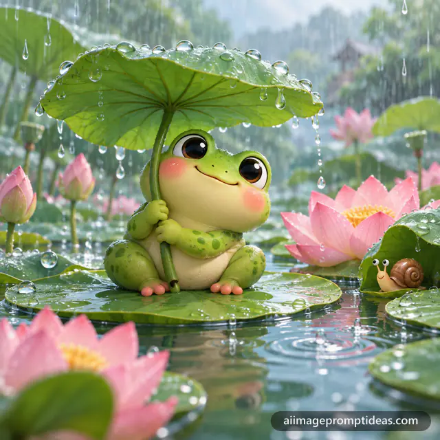 Cute 3D cartoon frog holding a lotus leaf umbrella in a rainy pond, AI generated