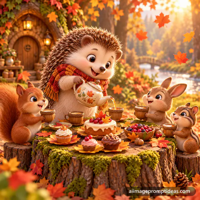 Cute 3D hedgehog in a scarf pouring tea into acorn cups on a mossy stump in autumn, AI generated