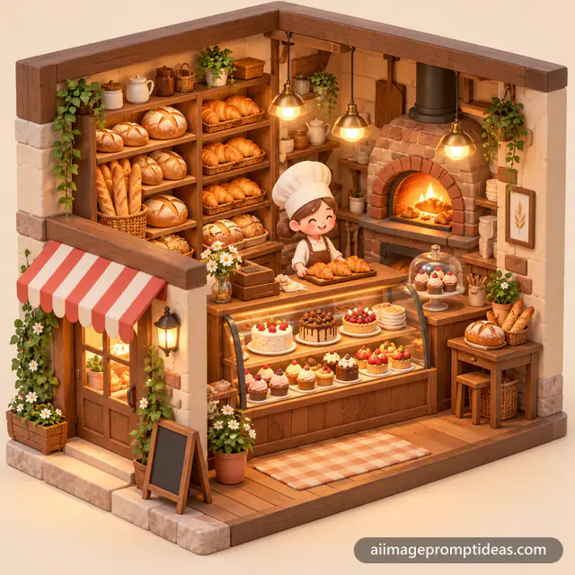 3D isometric cutaway of a tiny cozy bakery with bread shelves, cakes, an oven and a baker, AI generated