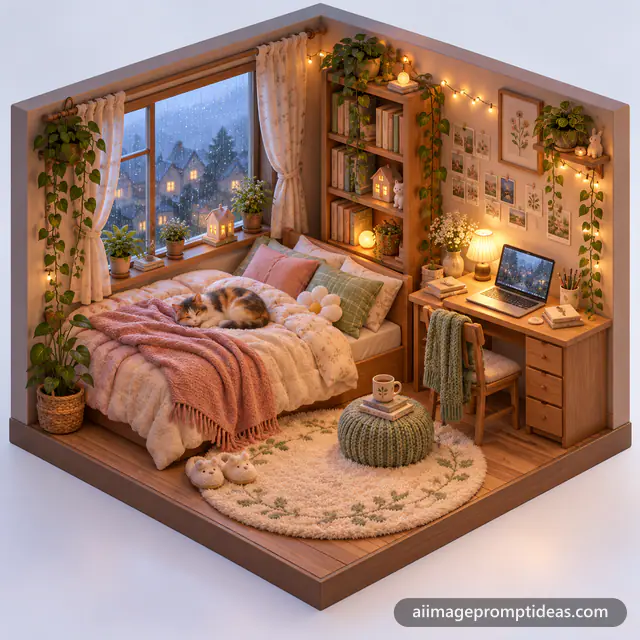 3D isometric cutaway of a tiny cozy bedroom with a bed, desk, plants and a sleeping cat, AI generated
