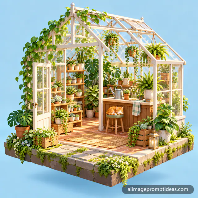 3D isometric tiny glass greenhouse plant shop with a cat, AI generated