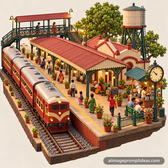 3D isometric diorama of a small Indian railway station with a red train, AI generated