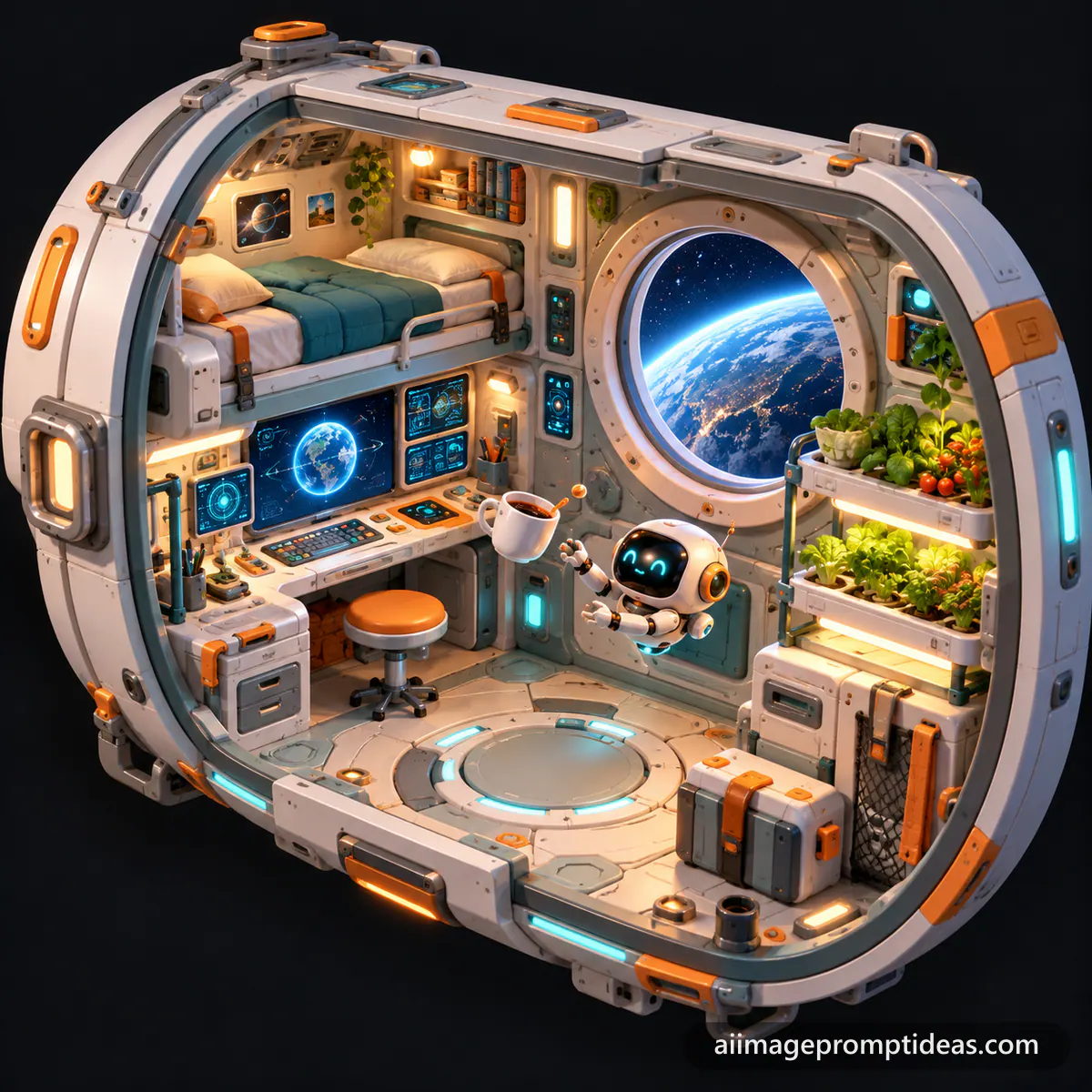 3D isometric cutaway of a tiny space station module with a bunk, plants and Earth outside, AI generated