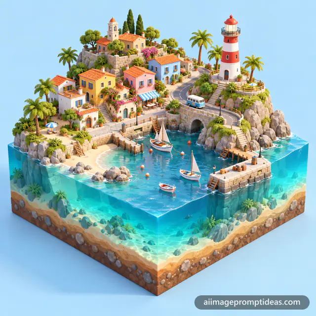Cute 3D isometric diorama of a tiny floating island with a seaside town, lighthouse and boats, AI generated