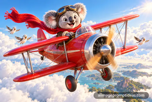 Cute 3D koala in aviator goggles flying a little red biplane over fluffy clouds, AI generated