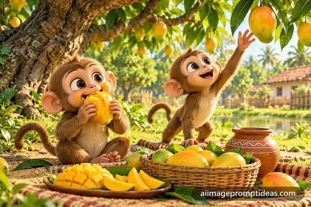 Two cute 3D cartoon monkeys eating mangoes under a mango tree, AI generated