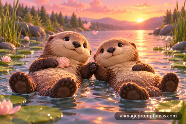 Two cute 3D otters floating on their backs holding paws in a river at sunset, AI generated