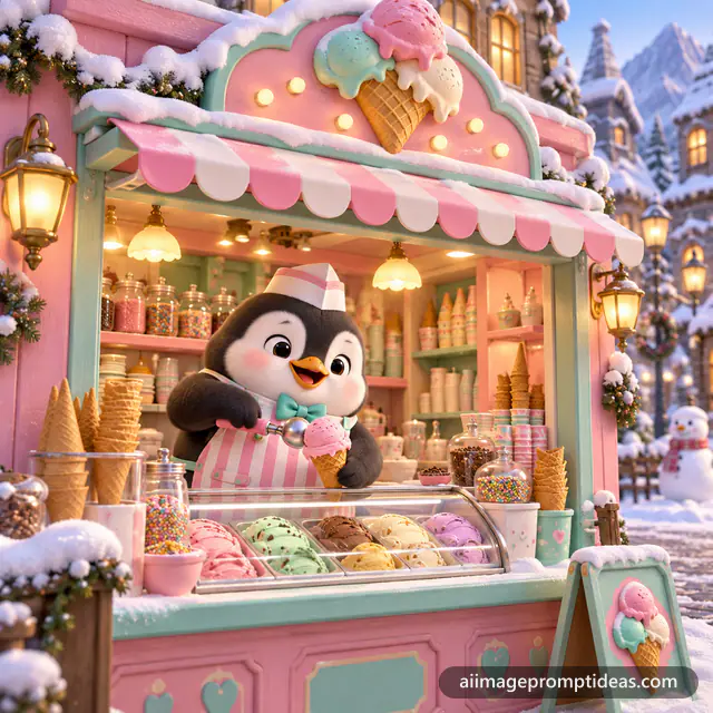 Cute 3D penguin in an apron scooping ice cream in a tiny pastel shop on a snowy street, AI generated