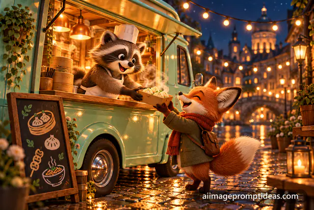 3D cartoon raccoon chef serving dumplings from a mint food truck at night, AI generated