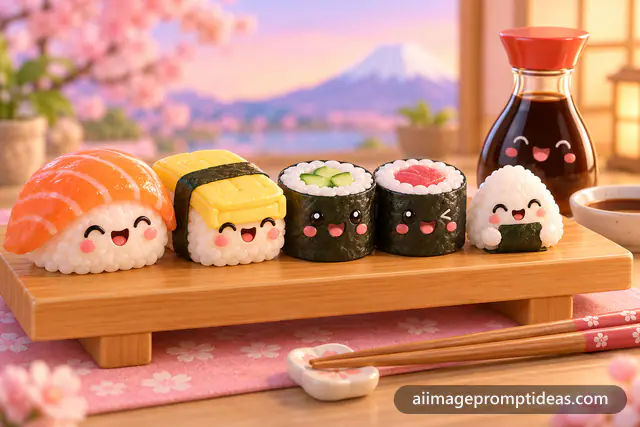 Cute 3D sushi characters with smiling faces lined up on a wooden board, AI generated