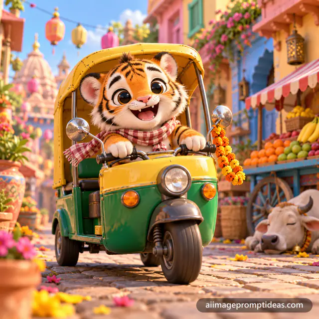3D cartoon tiger cub driving a yellow and green auto rickshaw, AI generated