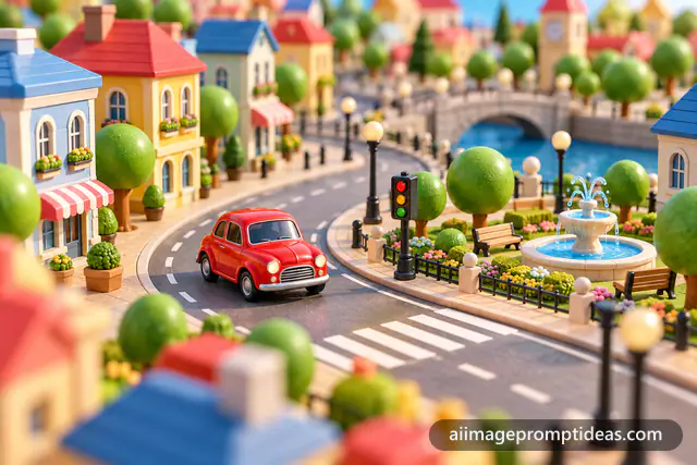 Shiny red toy car driving through a colorful miniature city with tiny buildings and trees, AI generated