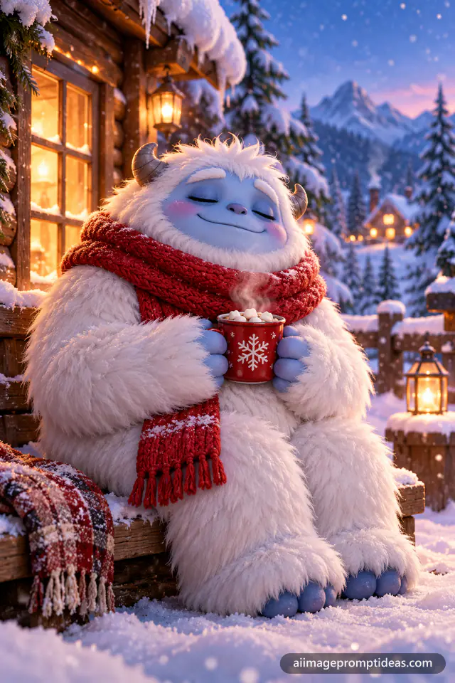 Fluffy 3D cartoon yeti holding hot cocoa outside a snowy cabin, AI generated