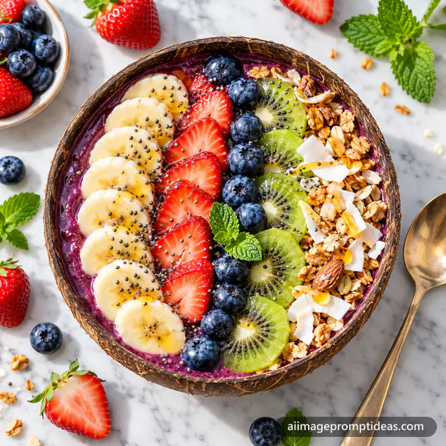 Top-down purple smoothie bowl with fruit, granola and seeds on a marble surface, AI generated