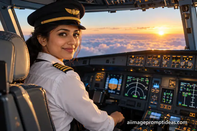 Woman airline pilot in uniform smiling in a jet cockpit with a sunrise over the clouds, AI generated