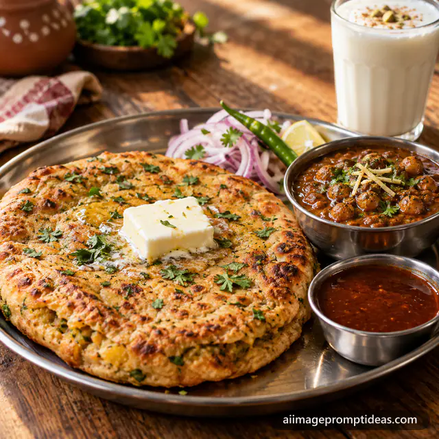 Crispy Amritsari kulcha with melting butter and chole, AI generated