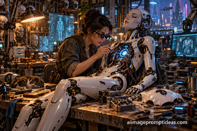 Technician with goggles repairing a white android with an open glowing chest panel in a workshop, AI generated