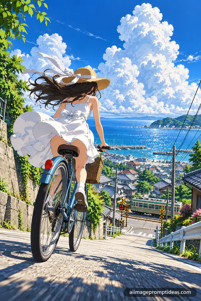 Anime girl riding a bicycle downhill toward a seaside town under summer clouds, AI generated