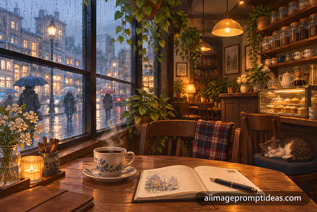 Cozy anime cafe with a steaming coffee by a rainy window, plants and a sleepy cat, AI generated
