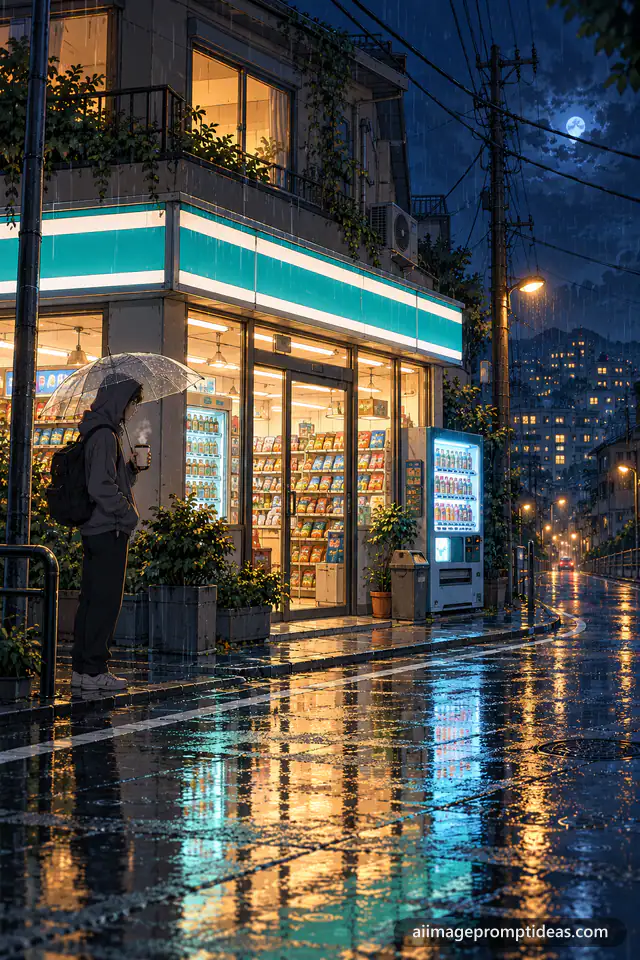 Anime convenience store glowing on a rainy night with a person holding a clear umbrella, AI generated