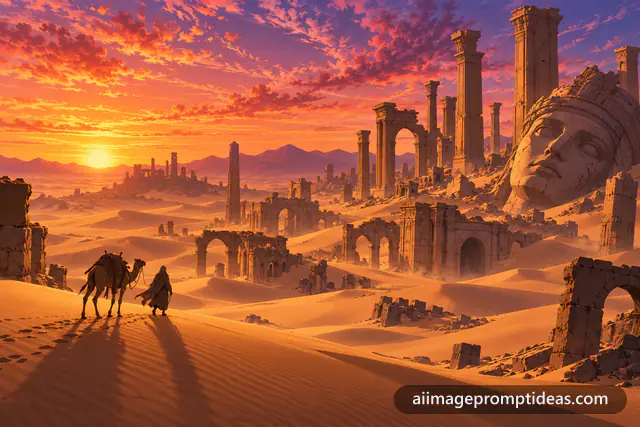 Anime scenery of ancient sandstone ruins half-buried in golden dunes with a traveler and camel at sunset, AI generated