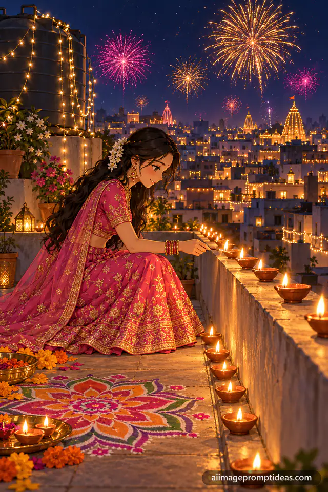 Anime woman lighting diyas on a rooftop during Diwali with fireworks, AI generated