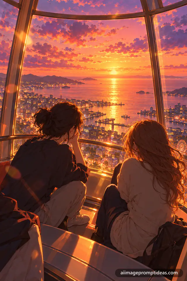 Anime friends in a ferris wheel cabin overlooking a sunset city, AI generated
