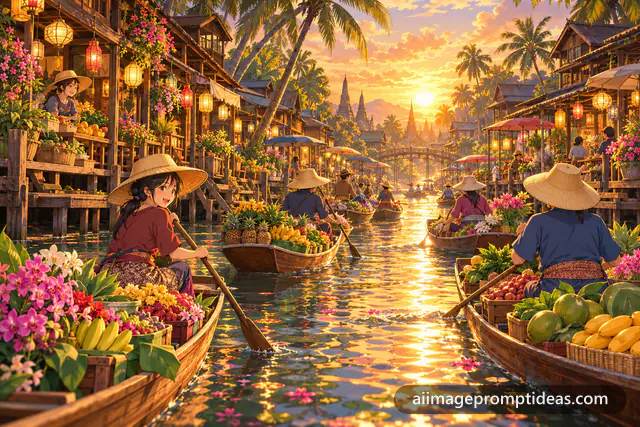 Anime floating market with wooden boats of fruit and flowers on a canal at golden hour, AI generated