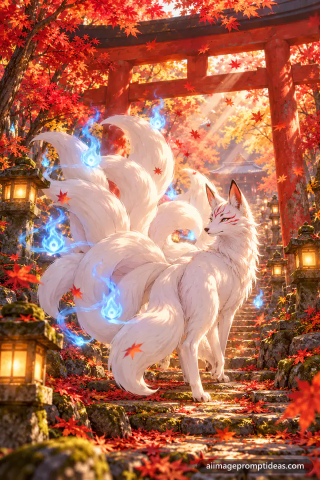 Anime nine-tailed white fox spirit under a red torii gate in an autumn forest, AI generated