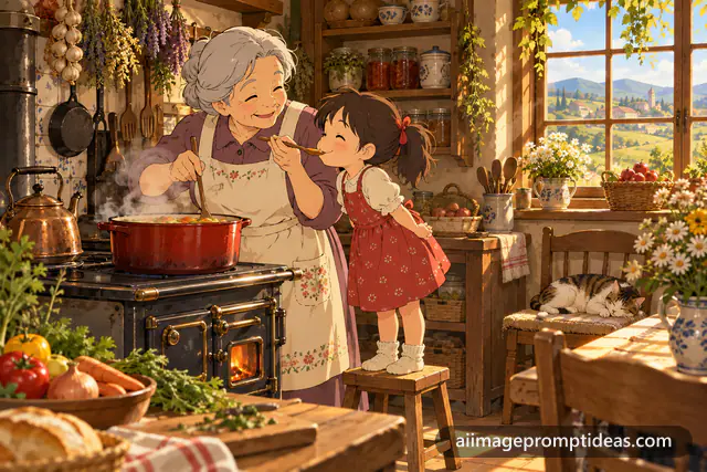 Anime grandmother and child cooking together in a cozy kitchen, AI generated