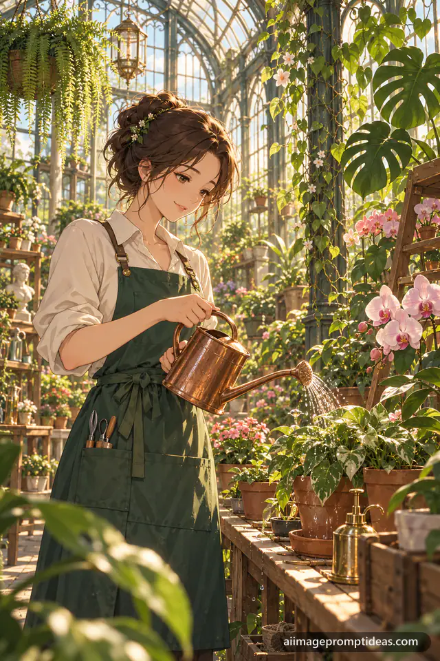 Anime botanist watering plants in a sunlit glass greenhouse, AI generated