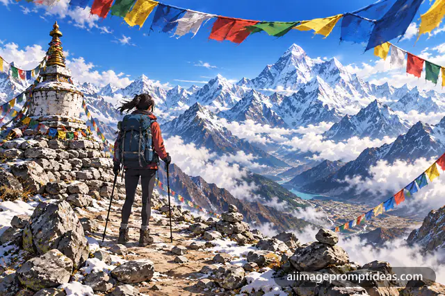 Anime trekker on a Himalayan pass with colorful prayer flags and snow peaks, AI generated