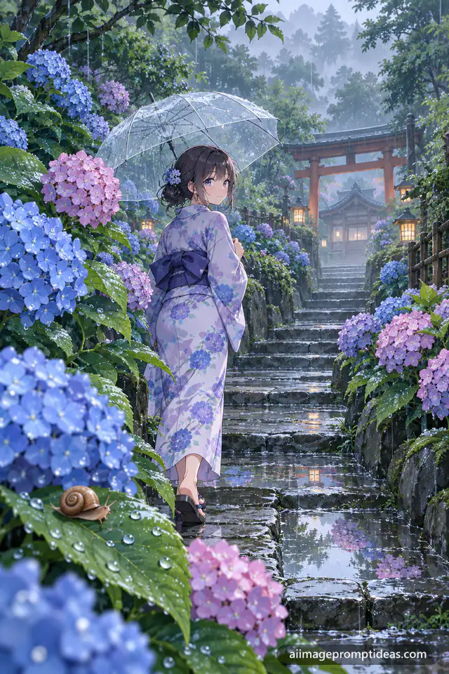 Anime woman with clear umbrella on a rainy hydrangea path, AI generated