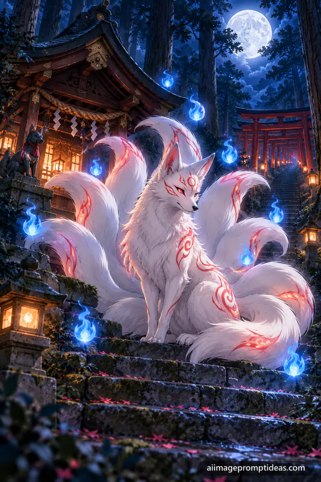 Anime nine-tailed white fox spirit on shrine steps at night with blue foxfire orbs, AI generated