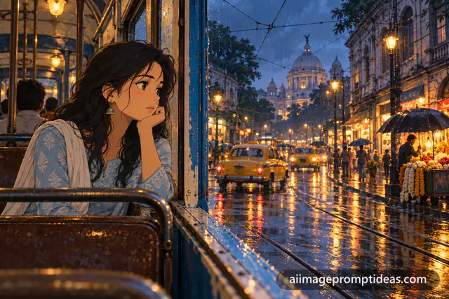 Anime woman by the window of a Kolkata tram on a rainy evening, AI generated