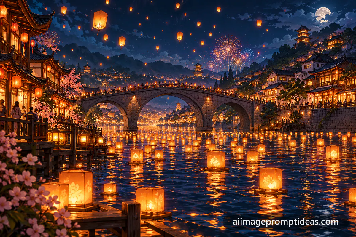 Anime river at night filled with floating glowing lanterns, a stone bridge and fireworks, AI generated