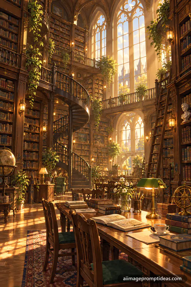 Anime illustration of a grand library with towering bookshelves and warm sunbeams through arched windows, AI generated