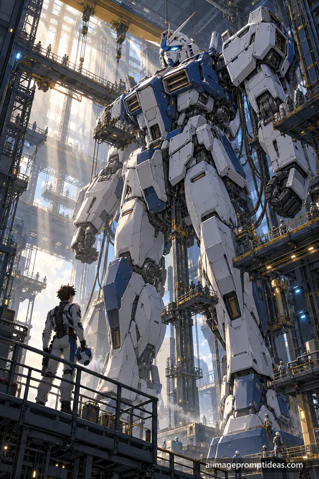 Anime giant mecha robot in a hangar with scaffolding and a pilot looking up from a catwalk, AI generated